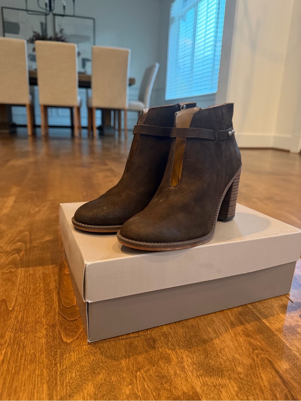Franco Sarto Elvis Dark Brown Suede Ankle Booties with Stacked Heel